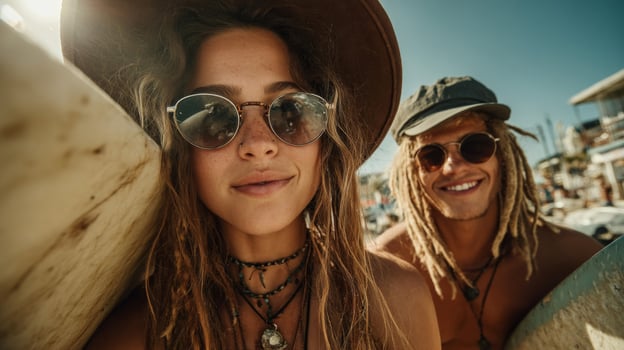 Smiling Young Couple with Surfboards on Sunny Beach photo