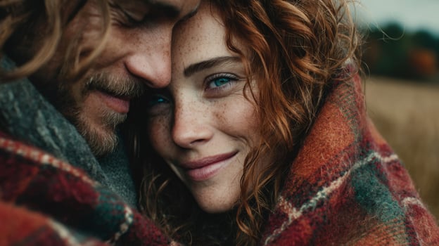 Close Up Portrait of a Couple Wrapped in Plaid Blanket photo
