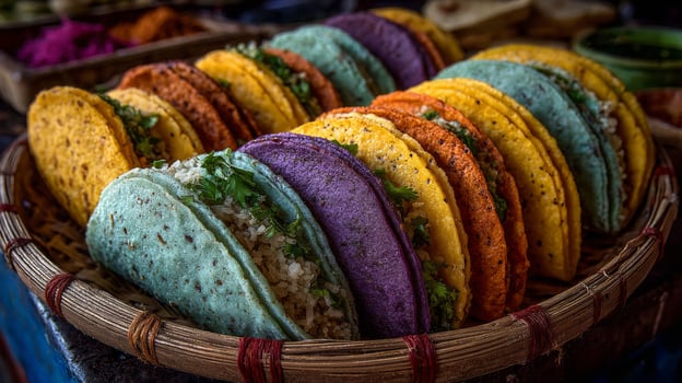 Colorful Tacos in a Wooden Basket photo