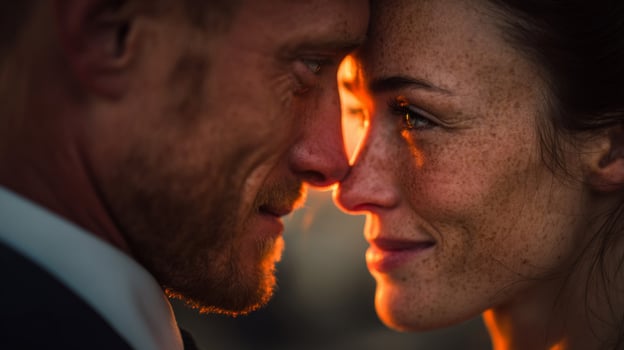 Close Up Romantic Couple Portrait at Sunset photo