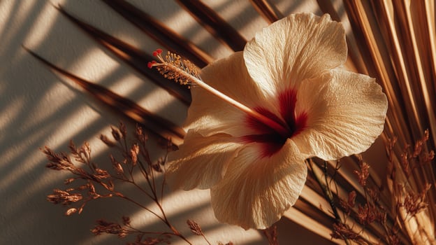 Cream Hibiscus Flower with Dried Palm Leaves and Soft Lighting photo