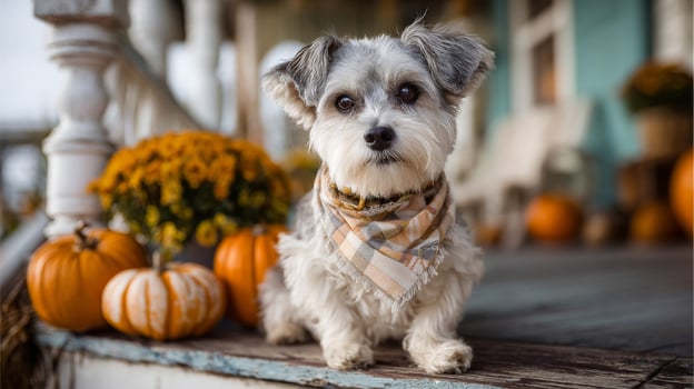 Small Fluffy White Dog with Snow on its Fur Sitting on Porch with Pumpkins and Flowers photo