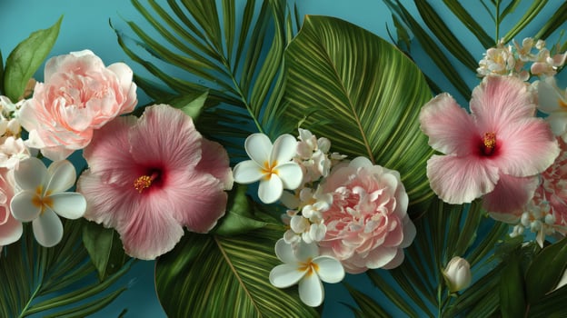 Pink Hibiscus and Peonies with Palm Leaves on Teal Background photo