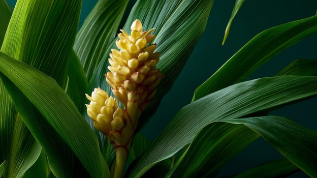 Closeup of Yellow Flower with Green Textured Leaves photo