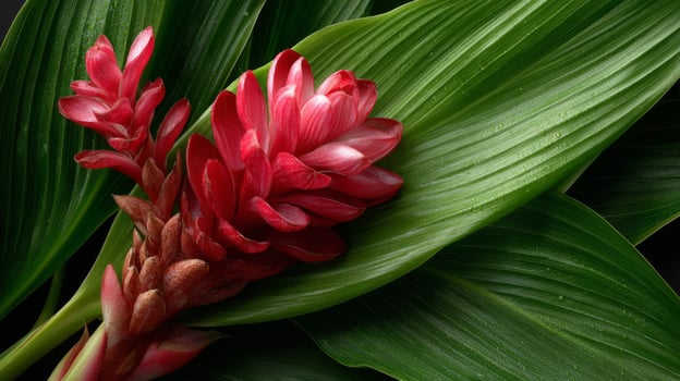 Red Ginger Flower Closeup with Green Leaves photo