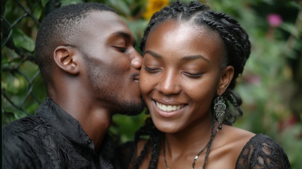Affectionate Couple Kissing in a Lush Garden photo