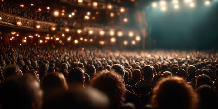 Crowd enjoying a live performance in a grand theater filled with warm lights and a captivating atmosphere photo