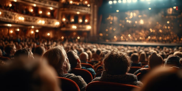 Audience gathered in ornate theater waiting for performance while stage lights illuminate photo