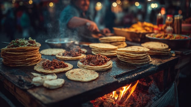 Warm Evening Street Food Scene Tacos Prepared Over Open Fire photo