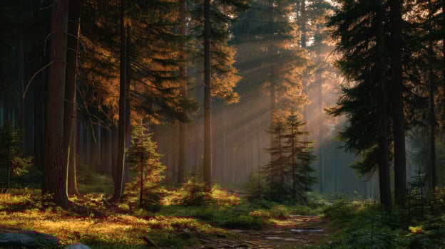 Sunlit Forest Path Golden Hour in a Coniferous Woods photo
