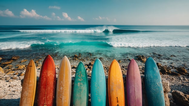 Colorful Surfboards on Tropical Beach with Ocean Waves photo