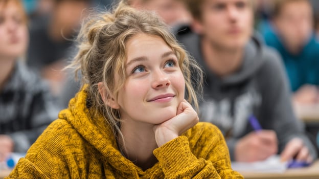 Young Woman Student in Yellow Hoodie Pensively Looking Up in Classroom photo