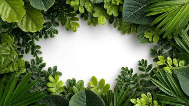 Lush Green Leaves Frame on White Background photo