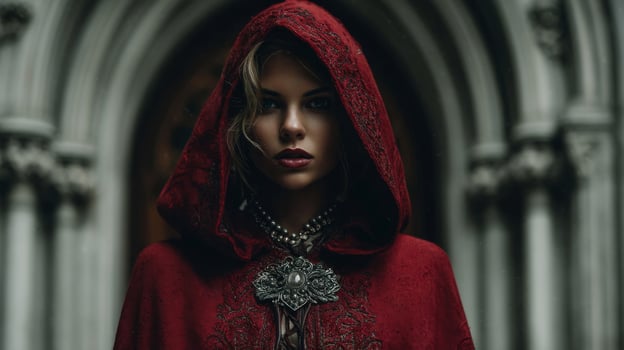 Portrait of a Woman in a Red Hooded Cloak. photo
