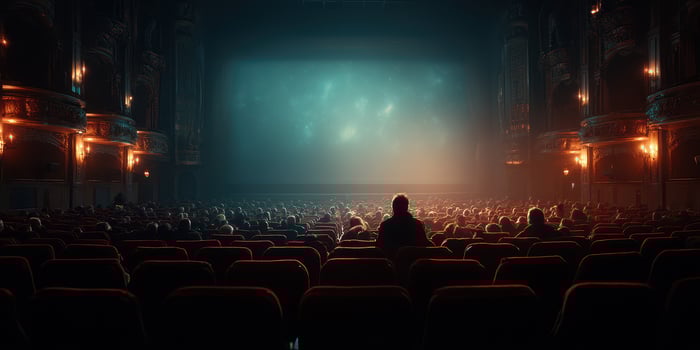 Crowd gathers in a vintage theater, eagerly anticipating the upcoming film in a dimly lit ambiance at night photo