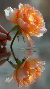 Hand holding a blooming orange rose with water droplets reflected on the surface at sunset photo