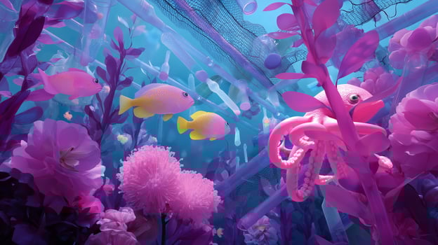 Vibrant underwater scene featuring colorful fish and a pink octopus among lush aquatic plants and flowers photo