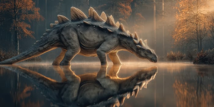 Stegosaurus drinking from a tranquil lake at dawn in a prehistoric forest landscape photo