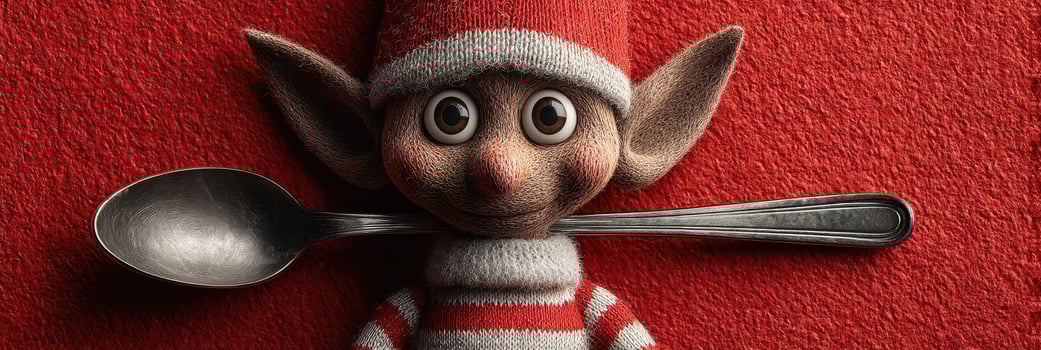 Elf character with a spoon on a red textured background during a festive celebration photo