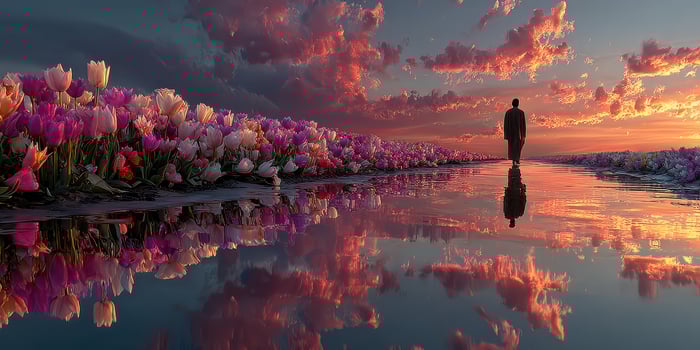 Stunning sunset over a reflective flower field with a solitary figure walking along the water's edge photo
