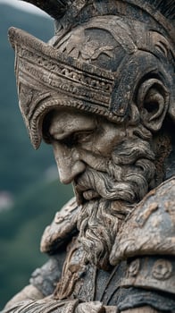 Detailed stone warrior sculpture with intricate features and textures overlooking a scenic landscape photo