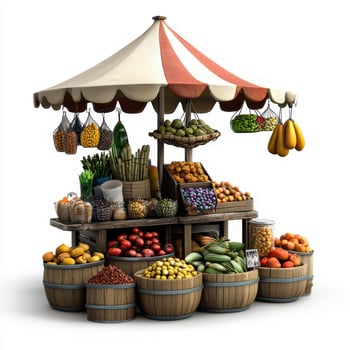 An outdoor market with a tent and lots of fruits and vegetables photo