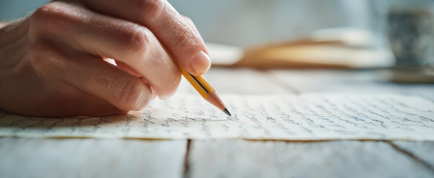 The hand writing a heartfelt message on vintage paper with a pencil. photo