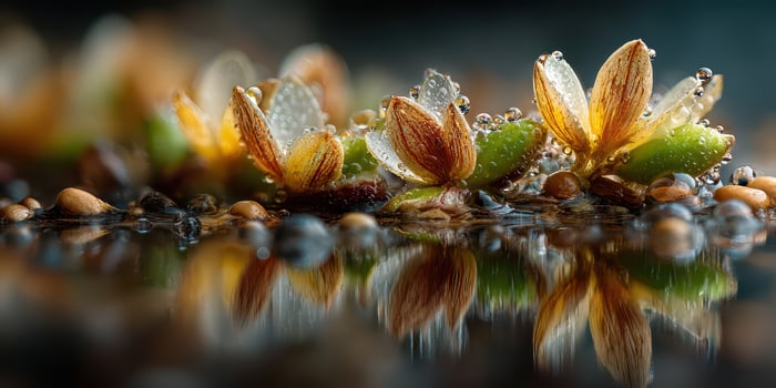 Close-up view of delicate flowers adorned with water droplets reflecting on a smooth surface at dawn photo