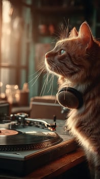 Cat enjoying music in a cozy indoor space during golden hour light photo