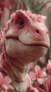 Cute dinosaur surrounded by vibrant flowers in a whimsical garden setting photo