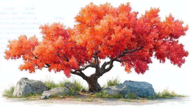 Vibrant orange tree stands amidst rocks in a serene natural setting with autumn foliage photo