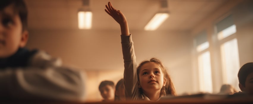The curious student raising a hand in a bright classroom setting photo