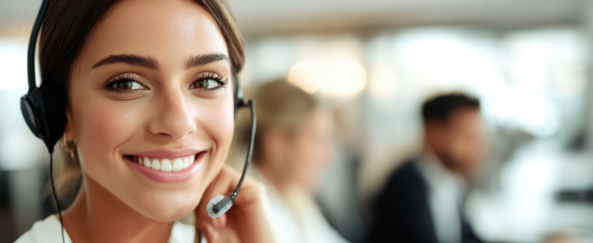 The smiling woman in a headset providing exceptional customer service in an office setting. photo