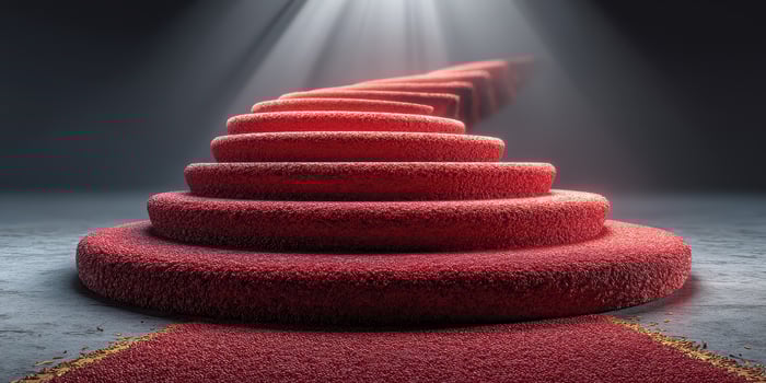 Red carpet steps leading to a spotlighted stage in a dramatic setting photo