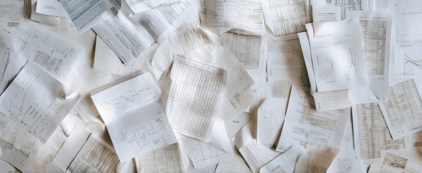 The scattered documents showcasing analysis and financial data on a messy workspace. photo