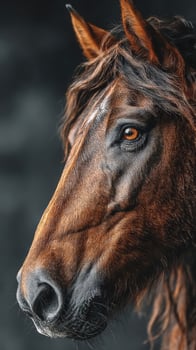 Majestic brown horse with expressive eyes captured in detail against a dark background photo