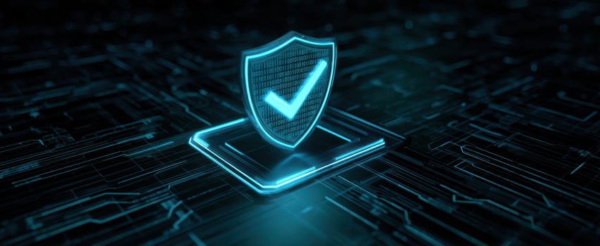 The glowing security shield symbolizing digital protection and assurance in technology. photo
