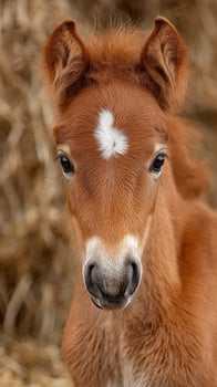 Cute brown foal with a white star marking posing against a backdrop of hay in a barn photo