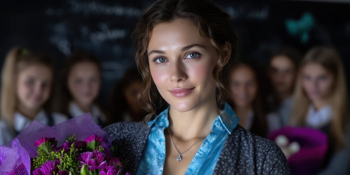 Girl receiving flowers in a classroom surrounded by classmates during a special celebration photo