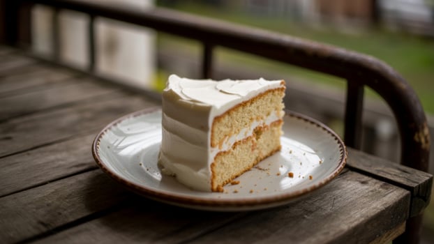 A slice of vanilla cake with white frosting on a plate sitting on a wooden surface outdoors scene view photo