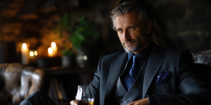 Sophisticated man enjoying whiskey in a dimly lit lounge during evening hours photo