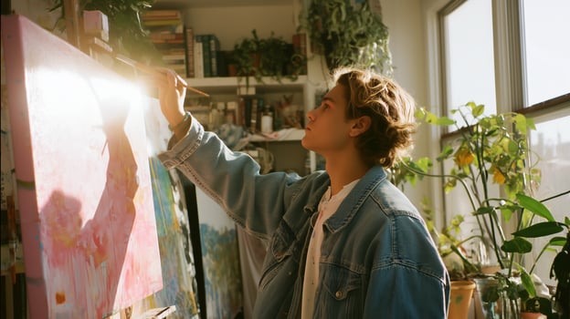 Young artist creating colorful artwork in a bright studio filled with plants during golden hour photo