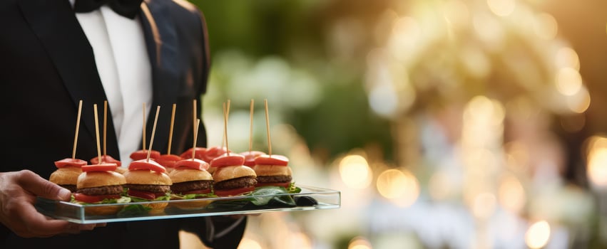The elegant waiter presenting gourmet sliders at a festive outdoor event. photo