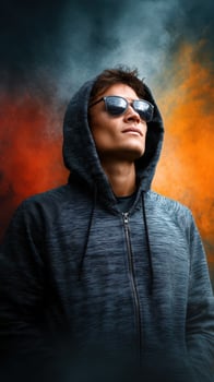 Young man in sunglasses wearing a hoodie stands confidently against a colorful smoky backdrop photo