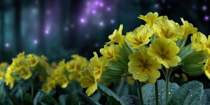 Bright yellow flowers bloom in a mystical garden during twilight with sparkling lights in the background photo