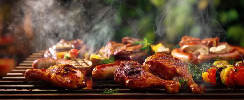 The grilled meats and vegetables sizzling on a vibrant barbecue platter. photo