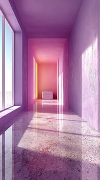 Vibrant corridor with pink and orange tones showcasing modern architectural design and bright reflections photo