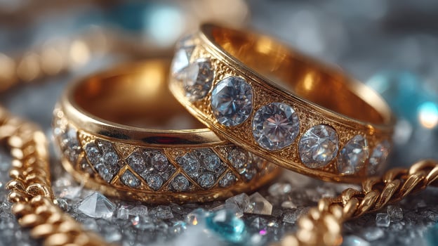 Elegant gold and diamond rings displayed atop sparkling gemstones in a luxurious setting photo