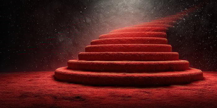 Red stairs leading into a misty landscape evoke a sense of mystery and intrigue in a surreal atmosphere photo