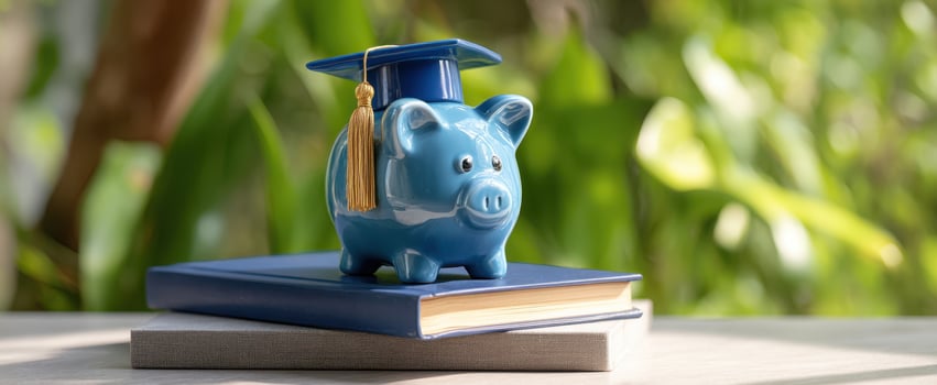 The blue piggy bank wearing a graduation cap on books representing education. photo